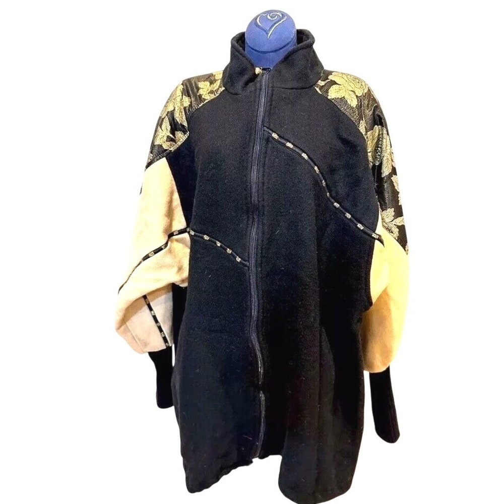 Women's Vintage Winter Coat Sz XL Lady Suzette Black & Gold 80s Glam Wool Jacket